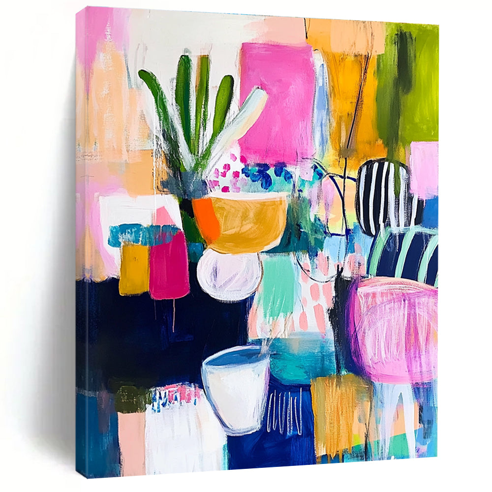 Large abstract painting with vibrant colors and bold brush strokes reflecting joyous celebration and energetic vibes in a dynamic composition.STSC1223