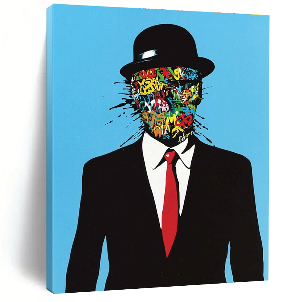 An abstract artwork featuring a man in a black suit and red tie with graffiti on his face against a blue background in a surreal style.STSC1056
