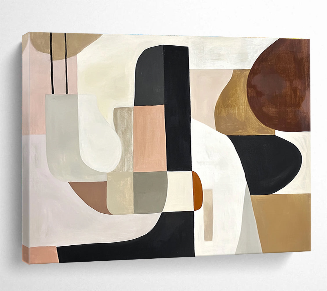 An abstract painting featuring elegant shapes in white, black, and brown, accented with soft beige, pink, grey, and cream tones and brown wood elements.SC352