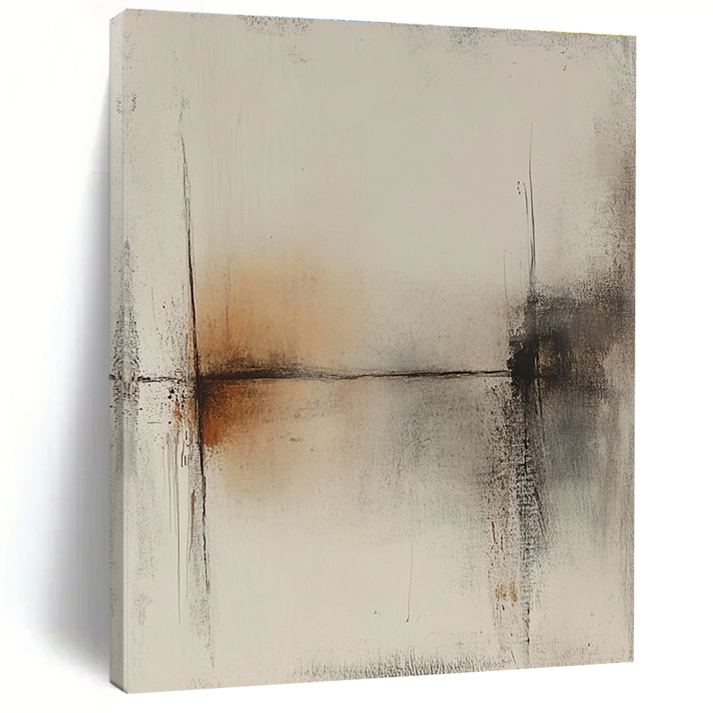 Large abstract painting featuring a white background with brown lines and a subtle tonal range in gray and amber hues.STSC736
