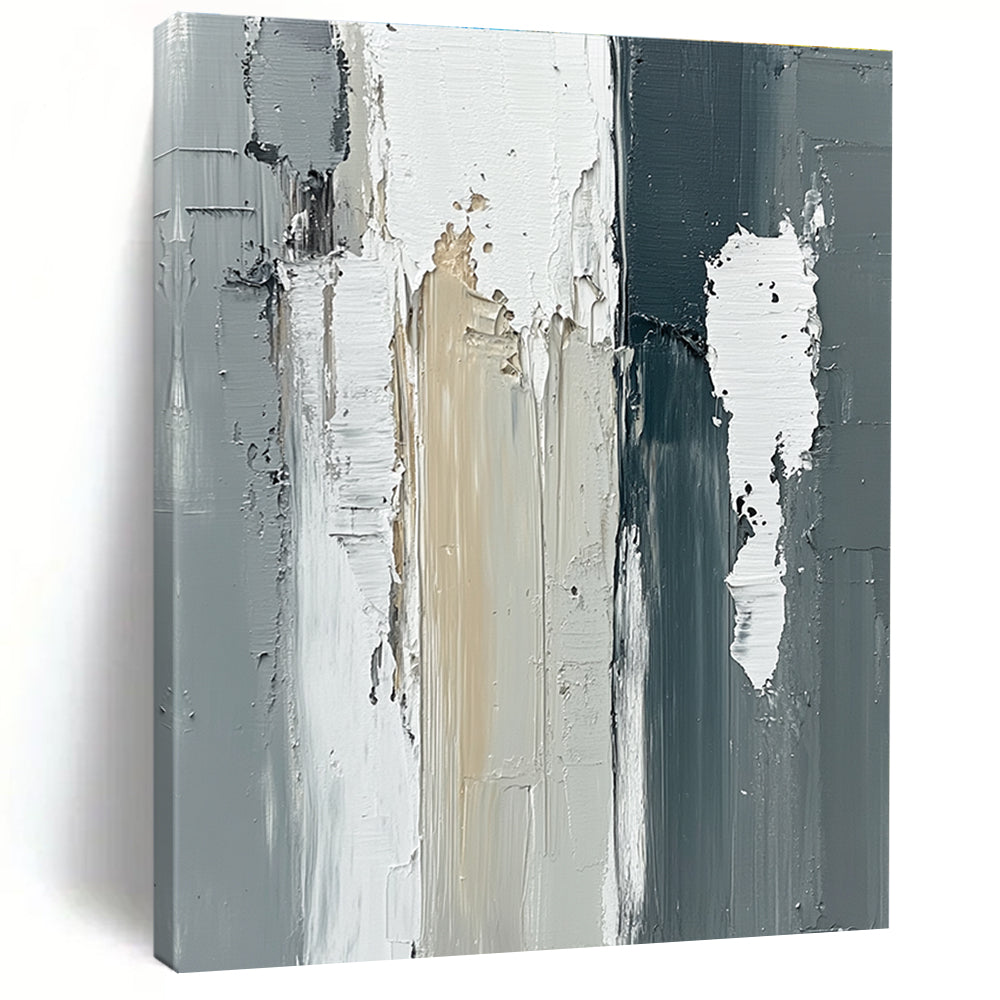 Large abstract oil painting featuring vertical gray and white wooden beams with thick strokes in a neutral monochromatic palette.STSC579