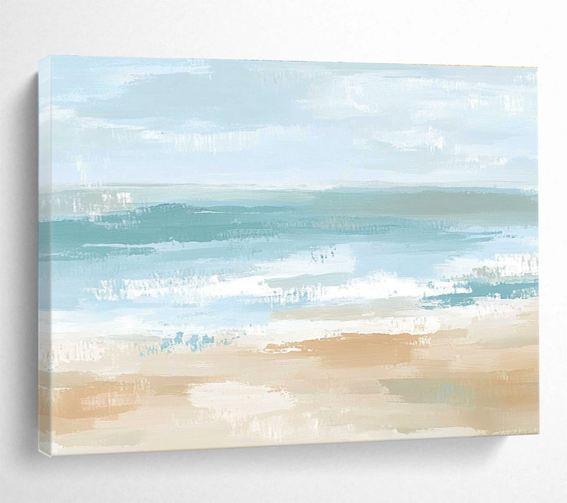 A large abstract painting depicting a serene coastal landscape in soft pastel colors, evoking tranquility with gentle waves and a sandy shore.SC545