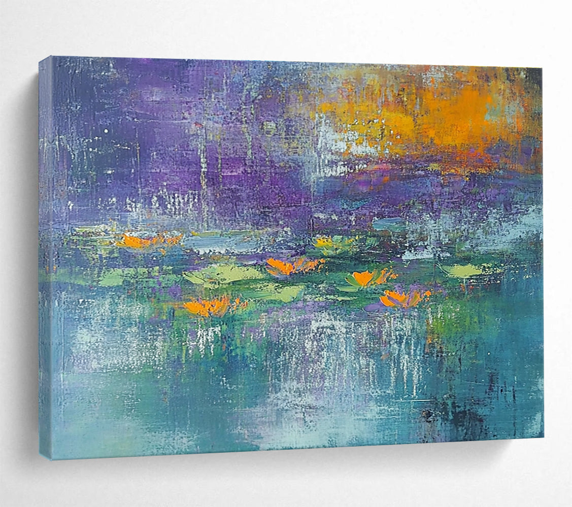 A large abstract painting featuring textured strokes in teal and purple with hints of orange and yellow, depicting serene water lilies at dawn.SC433