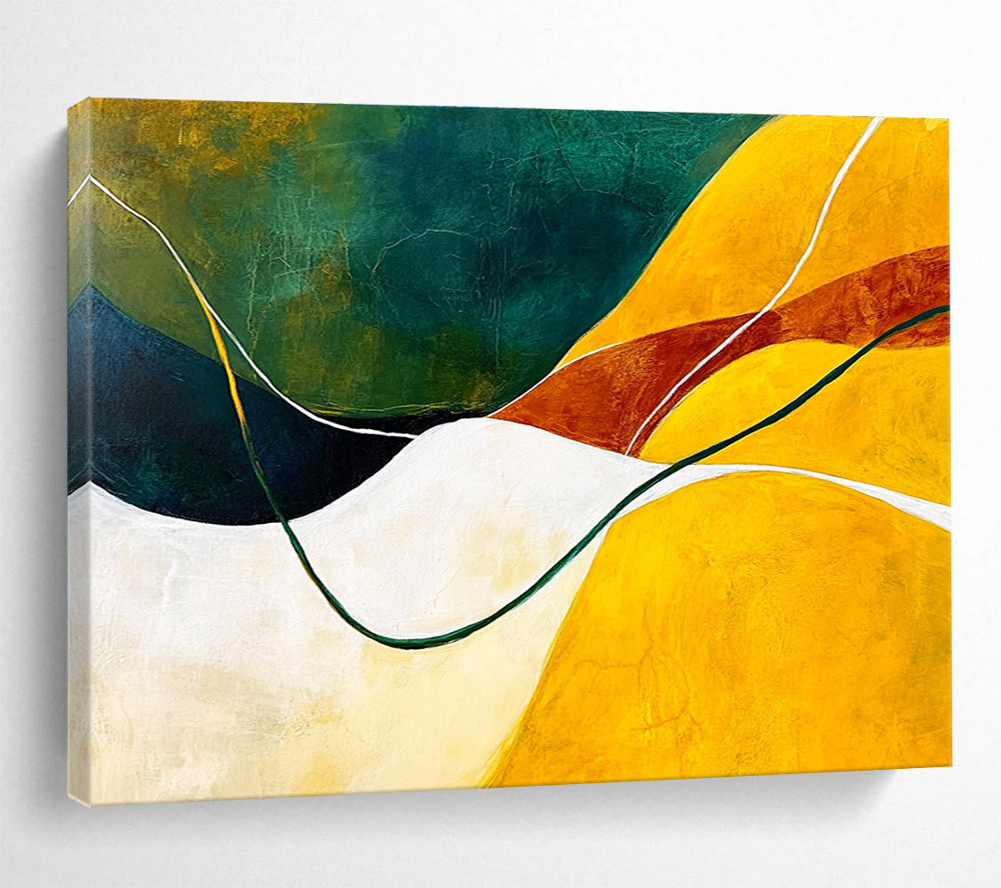 Large abstract painting featuring dynamic yellow green and white lines conveying movement and depth inspired by the beauty of nature.SC268