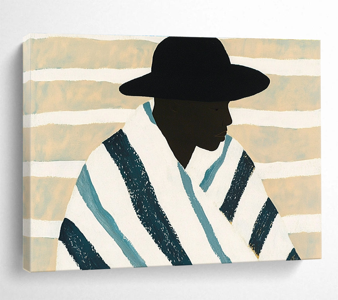 An abstract painting featuring an African man in a blue and white striped blanket against a minimalist beige background with white stripes.SC399