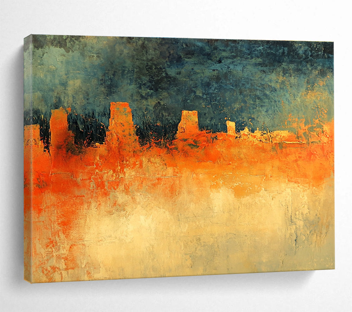 Abstract painting featuring an orange and green landscape under a dark blue sky with grey clouds inspired by Richard Schmid's style.SC165