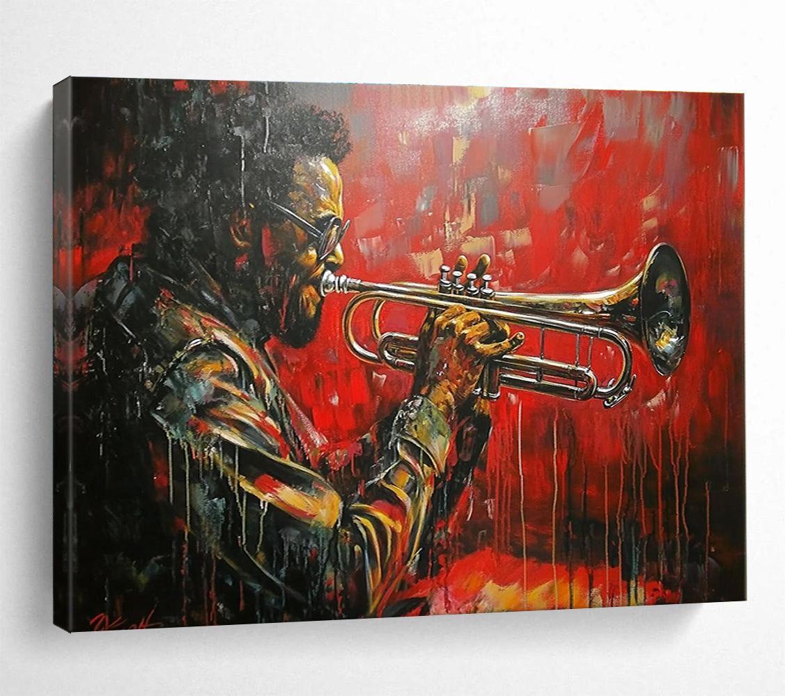 Large abstract painting featuring a trumpet player inspired by Dizzy Gillespie with a red car background and dynamic dripping paint effect.SC120