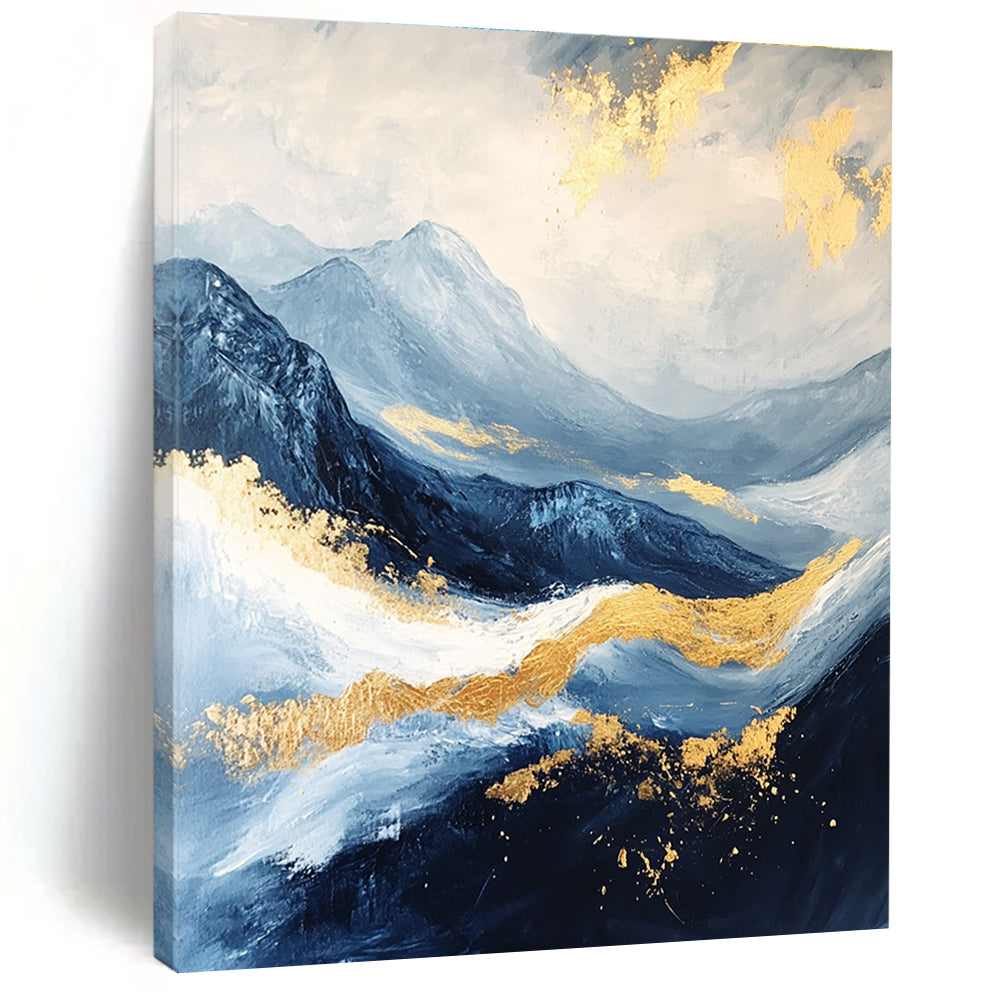 Abstract Blue and Gold Mountain Landscape Painting featuring a white sky, golden waves, dark blue clouds, and black rocks beautifully detailed.STSC030