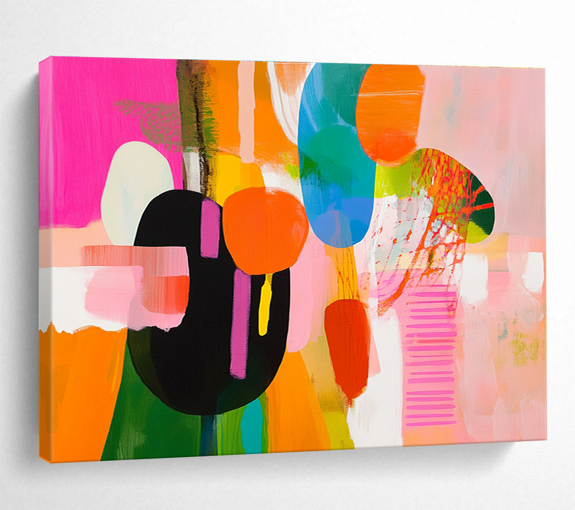 Bold abstract artwork showcasing vibrant pink, yellow, green, and blue shapes with dynamic movement and expressive brushstrokes.SC300