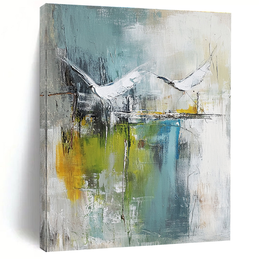 Large abstract painting of birds soaring over water in pale green and white with hints of blue beige and gray in a mixed media style.STSC303