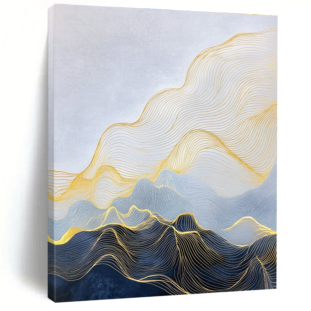 Large abstract painting depicting a minimalist landscape with golden lines forming mountains and delicate details in smooth waves and curves.STSC1257