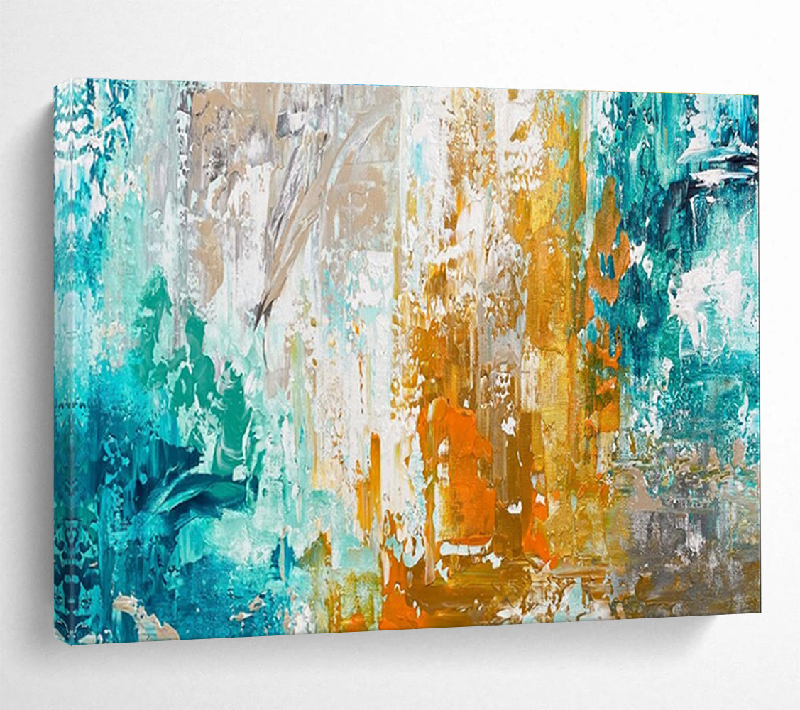 Teal Gold Orange Abstract Painting with Vibrant, Energetic Combinations THY382