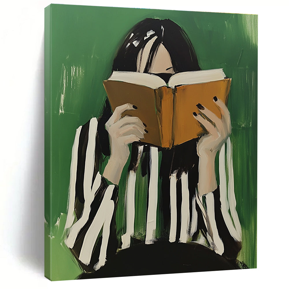 An abstract oil painting of a woman with black and white striped hair enjoying coffee while reading an open book against a green background.STSC1265