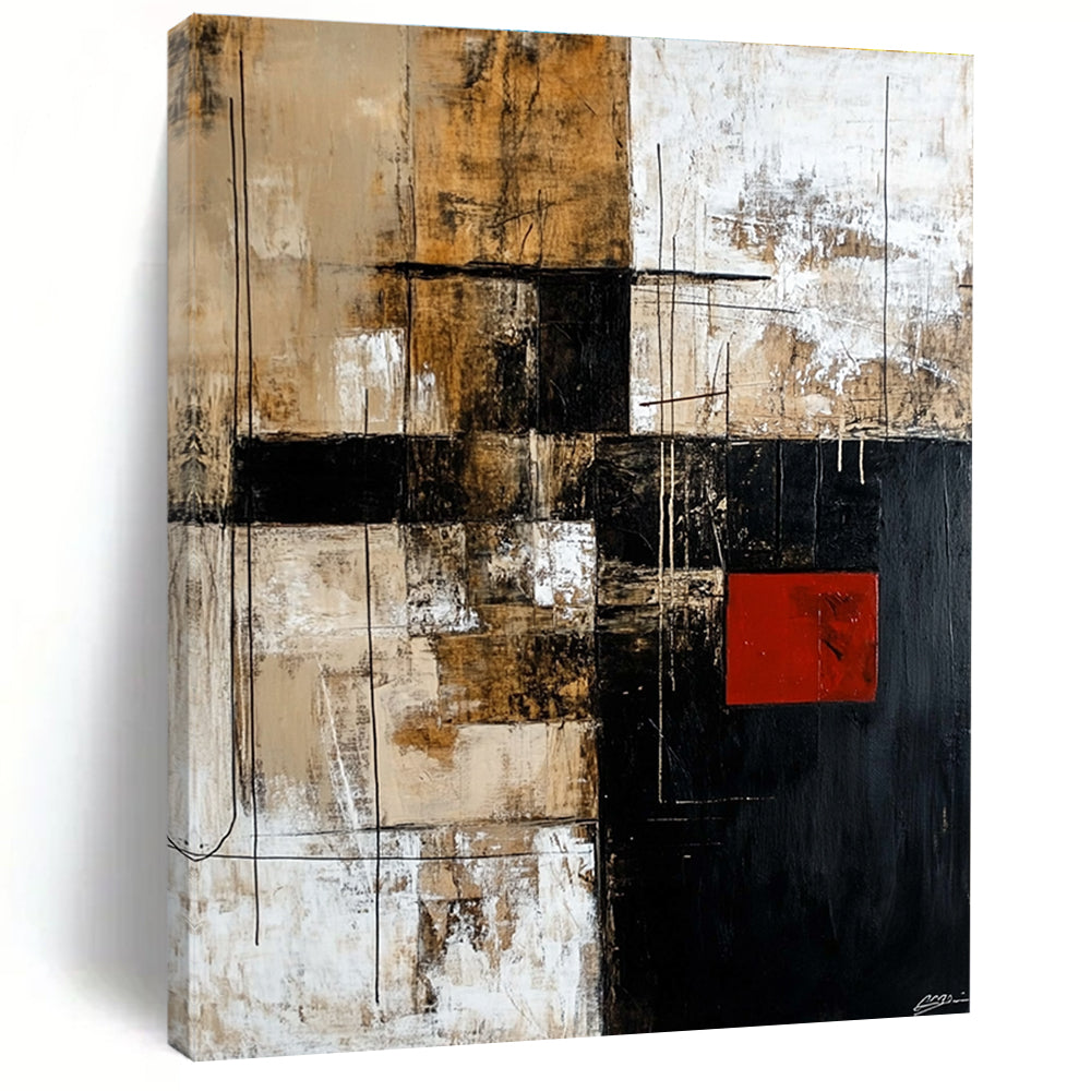 Large abstract painting in black brown beige and white with striking red square adds contrast to the dynamic design.STSC391