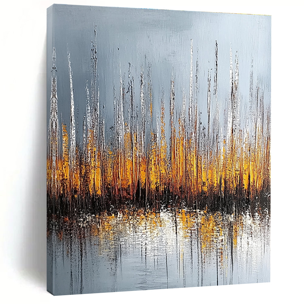 Large abstract painting of silver and gold reeds with reflections on water set against a muted gray background.STSC330