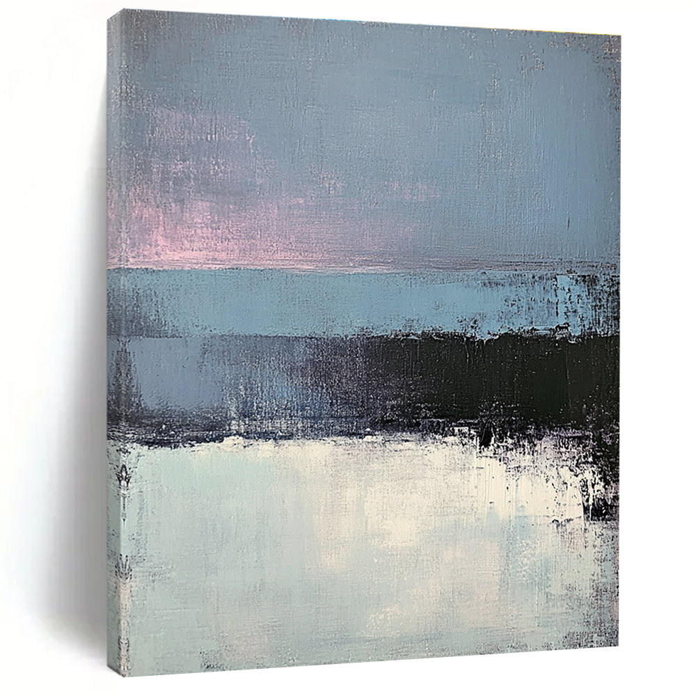 Large abstract painting of layered gray-blue sea and dark blue pink sky showcasing minimalist design with exquisite brushwork and light effects.STSC347