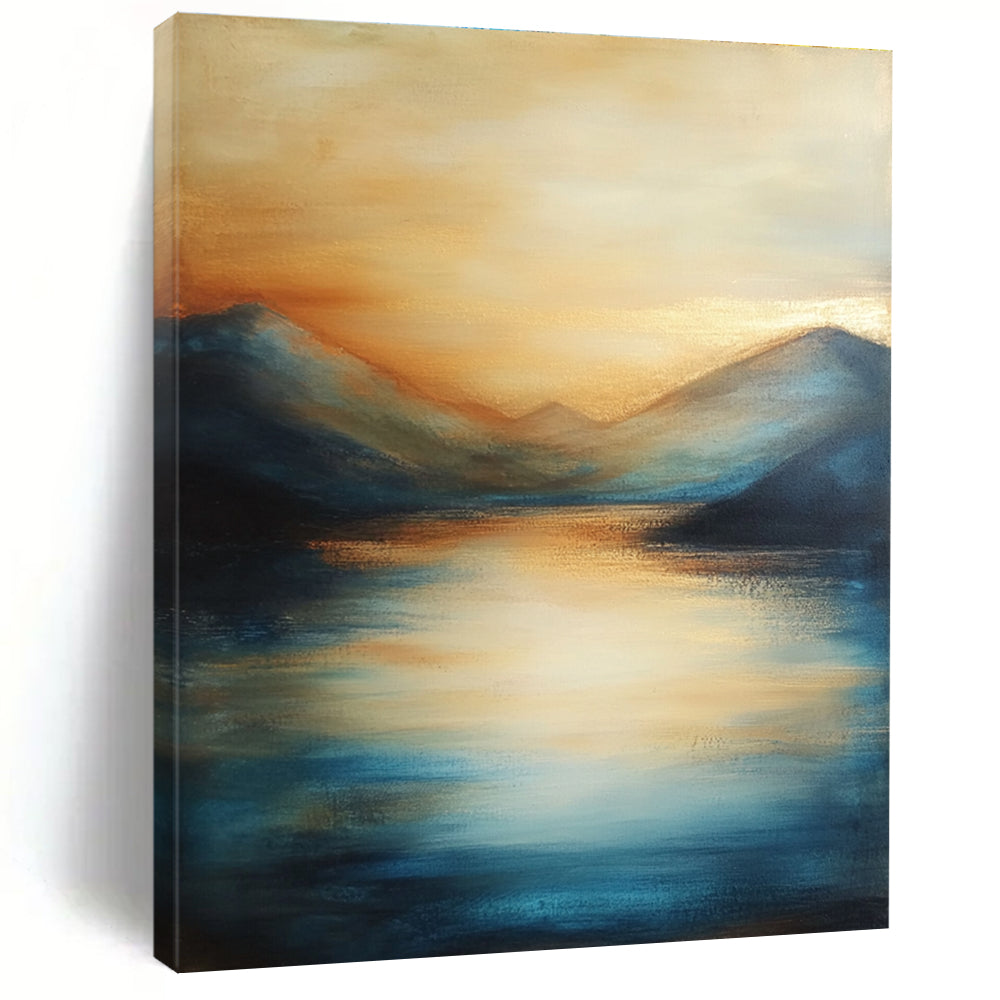 Large abstract painting of the sea featuring soft brush strokes with blue tones and golden accents creating a serene sunset atmosphere.STSC092