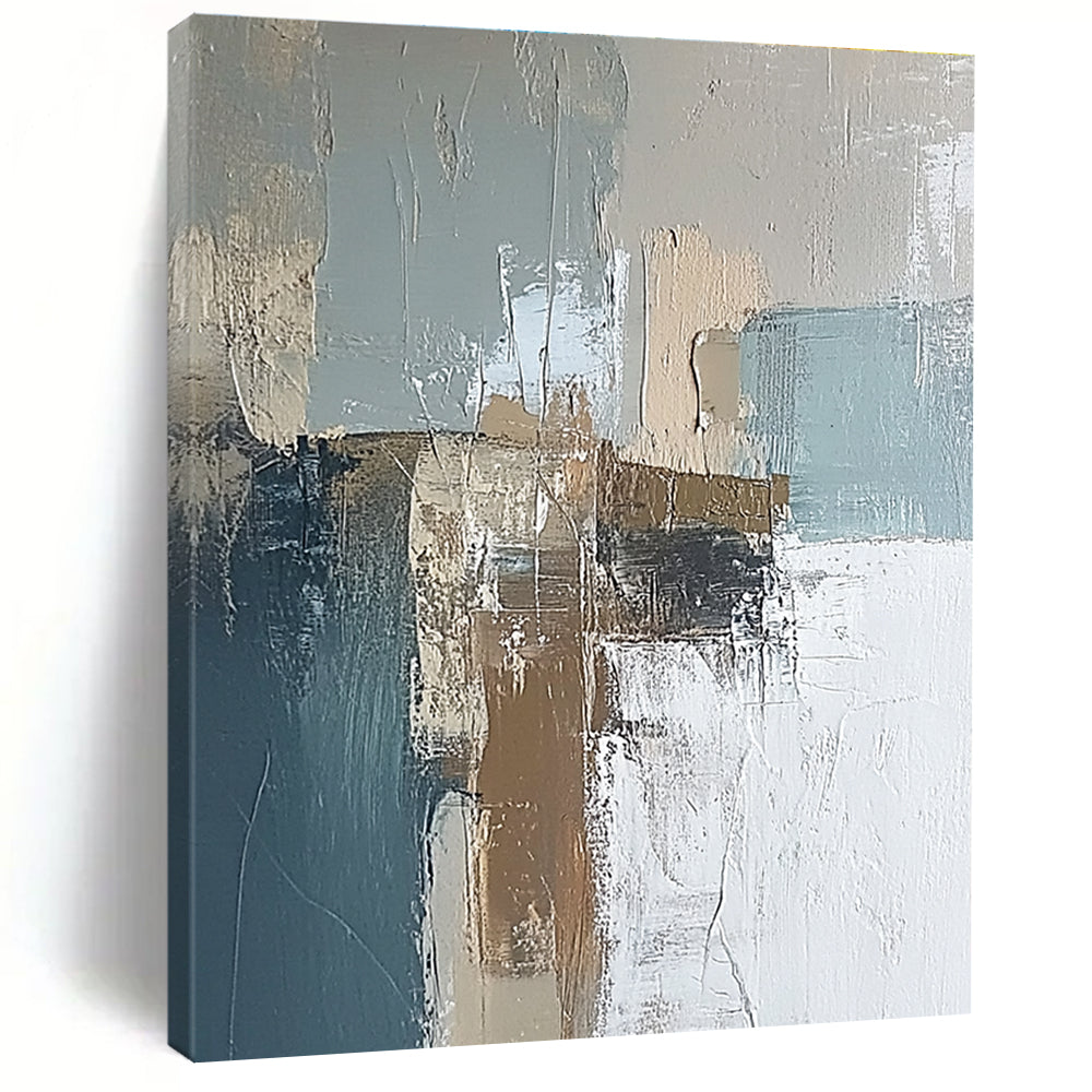 Large abstract painting of an Irish landscape featuring soft muted blues and browns with textured brush strokes for a serene ambiance.STSC650