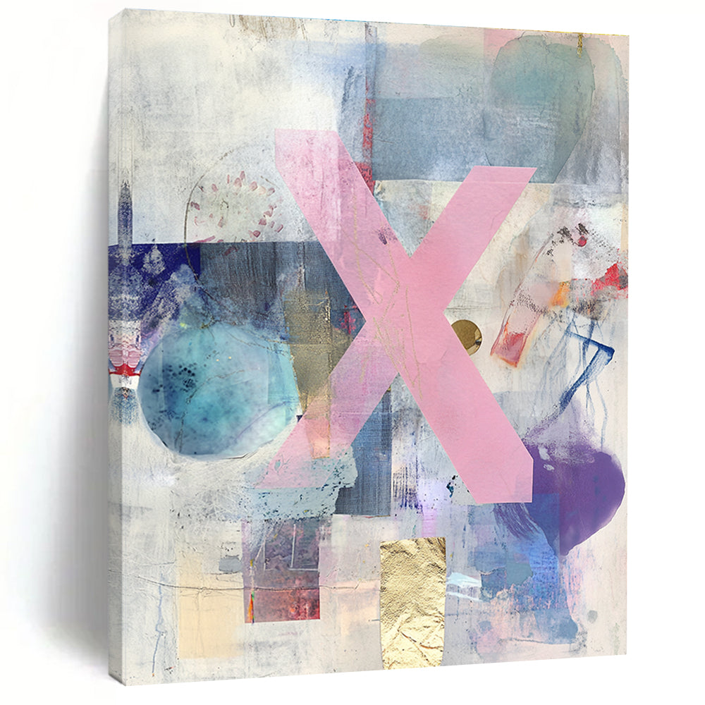 Pink X Collage Abstract Painting with Mixed Media and Gold Accents GER077