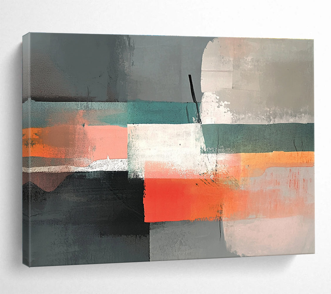 A large abstract painting featuring gray, peach, and teal colors with collage elements and low contrast for a serene atmosphere.SC374