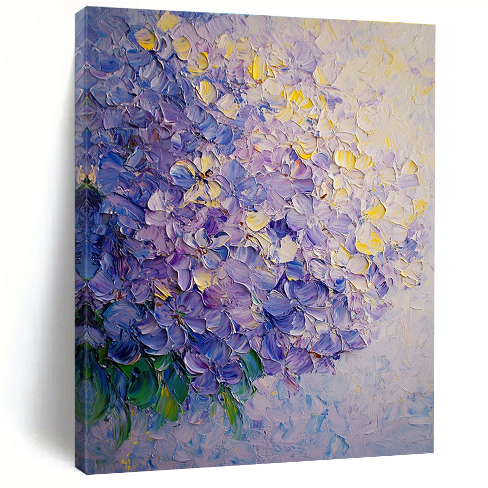 A large abstract oil painting of lilac flowers featuring soft shadows and smooth textures in light yellow and purple tones.STSC1027