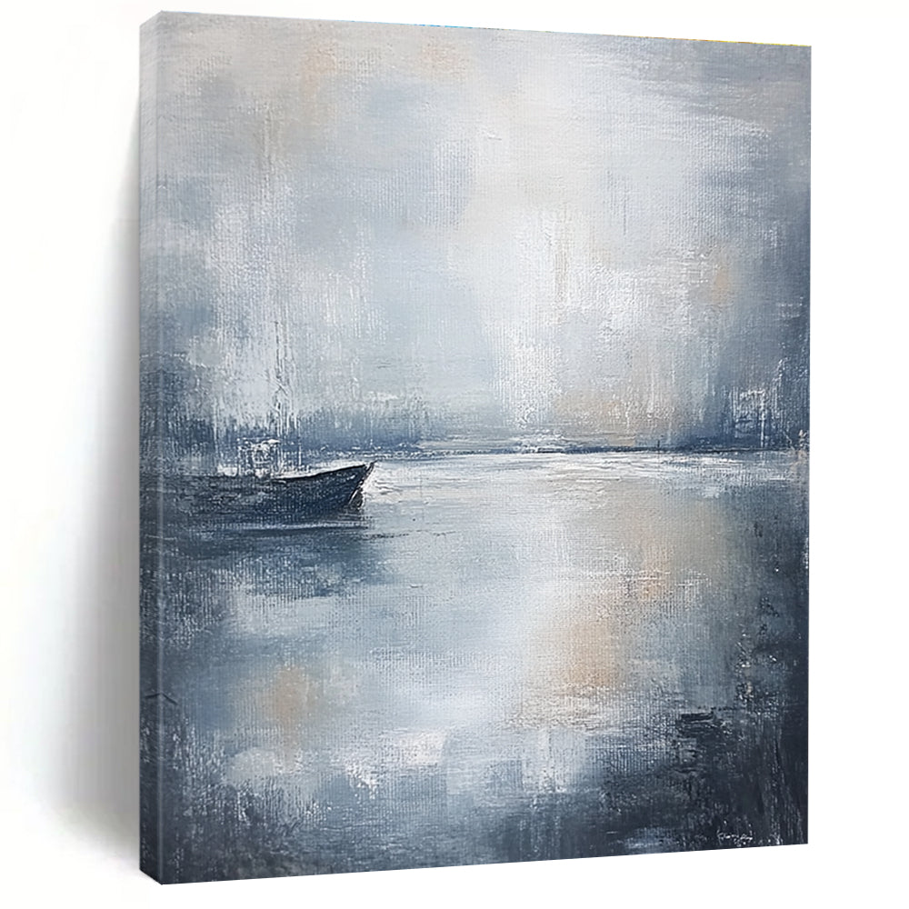 Large abstract painting in muted gray and white tones with soft brushstrokes evoking calmness and serenity perfect for any space.STSC044