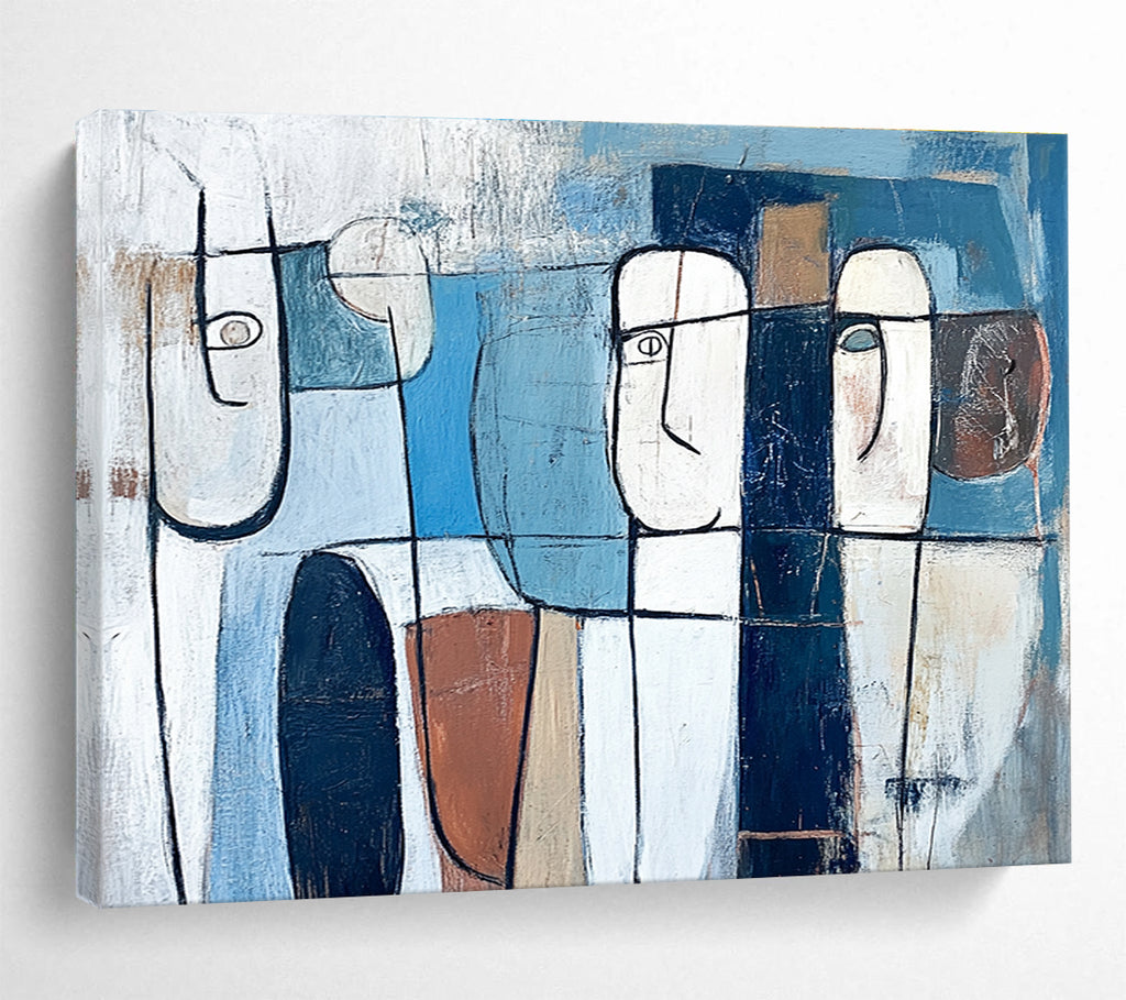 Geometric Faces Abstract Painting with Blue and Earthy Tones DYP348