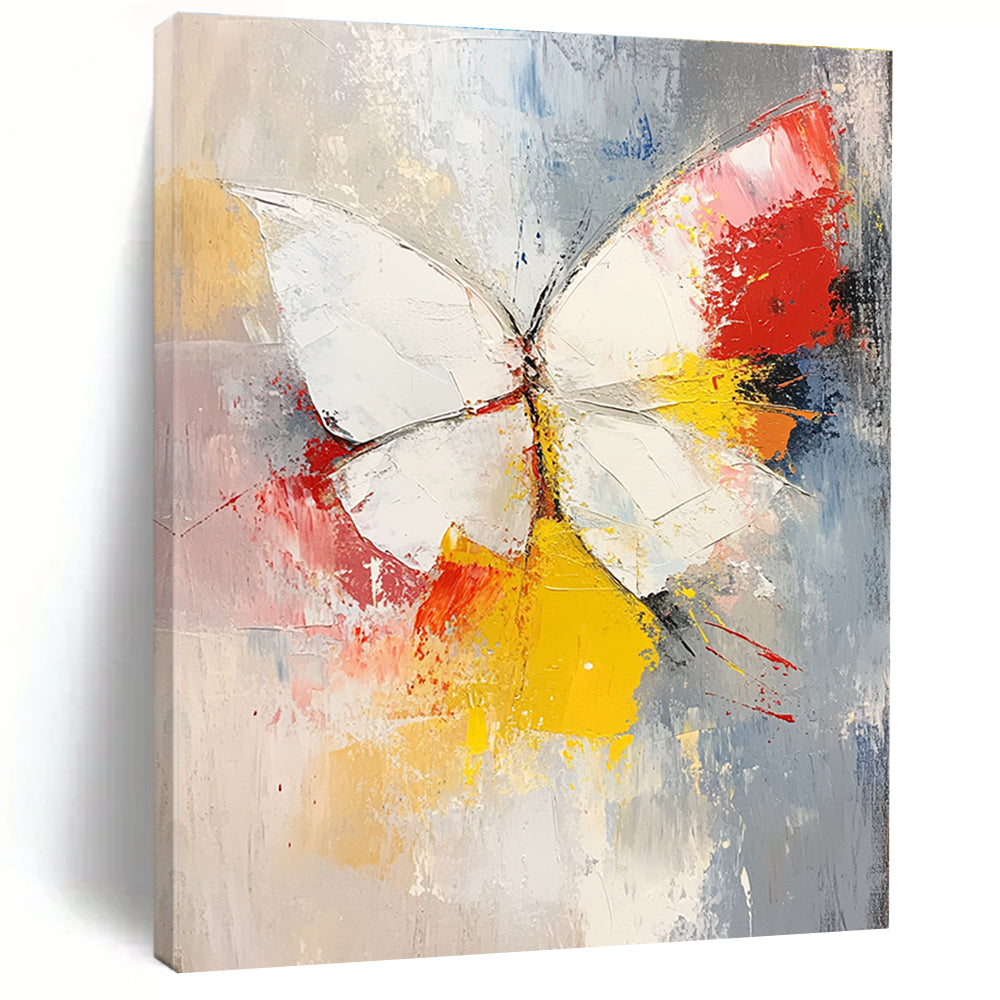 Large abstract painting featuring a white and red butterfly with vibrant yellow feathers set against a soft gray and pink background.STSC552