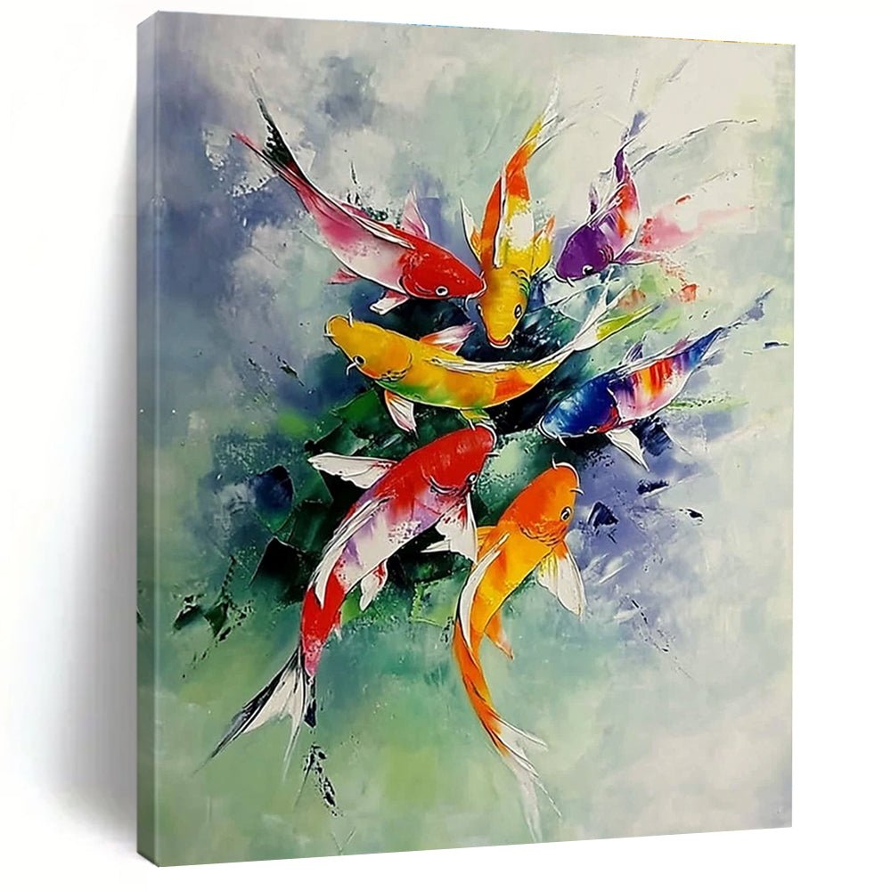 Abstract painting of colorful koi fish leaping from water surrounded by misty clouds on a white background with vibrant scales and light green tones.STSC1012