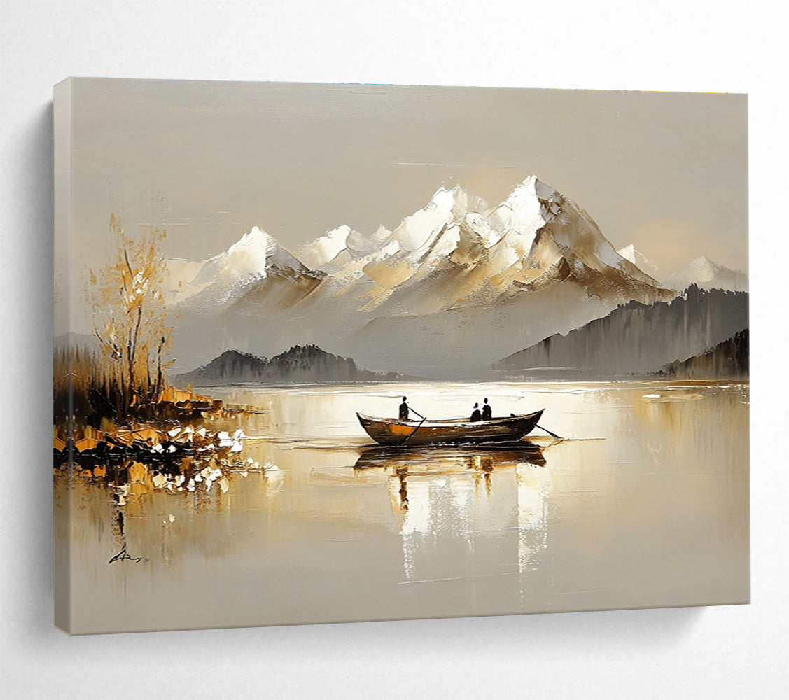 Lake and Snowy Peaks Serene Abstract Painting with Neutral and White Tones DYP605