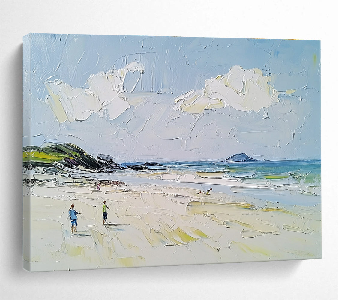 Beach Scene with Figures Textured Abstract Painting with Light Blues DYP596