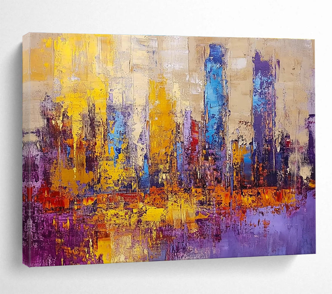 Colorful Cityscape Abstract Painting with Purple and Gold Accents DYP514