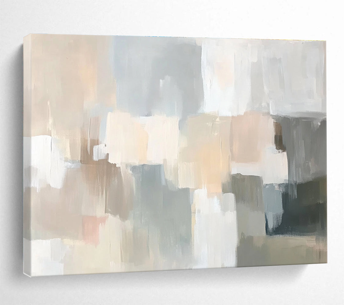 Large abstract painting in soft neutral tones featuring muted strokes of beige cream grey dusty pink pale sage green gray peach and light blue creating a serene scene.SC059
