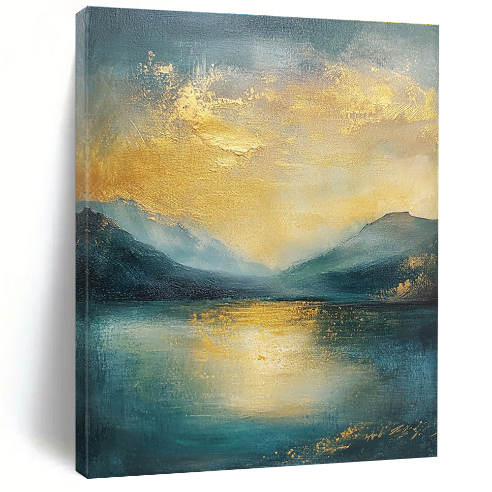 Abstract landscape oil painting featuring gold and teal hues with textured clouds sea and mountains in muted colors.STSC081