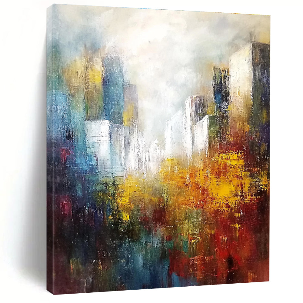 Large abstract landscape painting featuring white buildings in the distance with soft edges and muted tones in a light sky blue and dark amber palette.STSC106