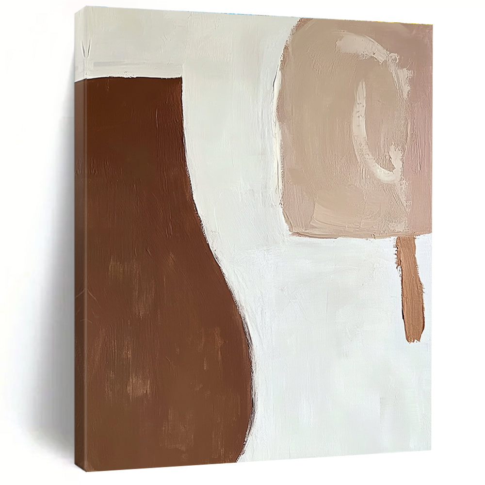 Large abstract painting featuring organic brown and white shapes with fluid brush strokes creating a calm serene atmosphere against a plain white background.STSC694