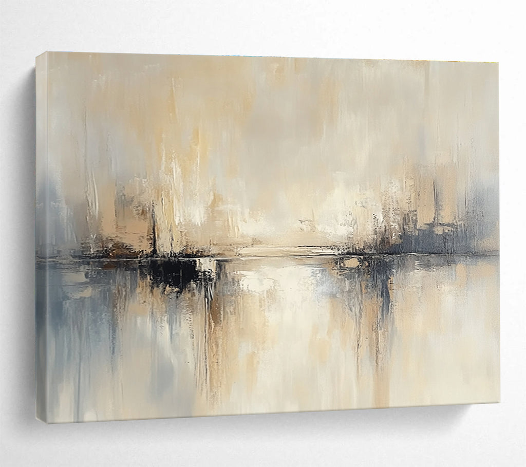 Large abstract painting featuring beige and grey tones soft edges and blurry water reflections against a neutral background.SC227