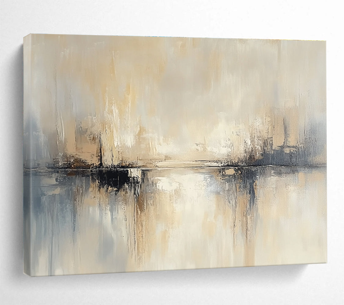 Large abstract painting featuring beige and grey tones soft edges and blurry water reflections against a neutral background.SC227