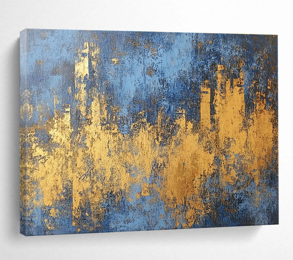 Blue and Gold Cityscape Abstract Painting with Distressed Textures DYP313