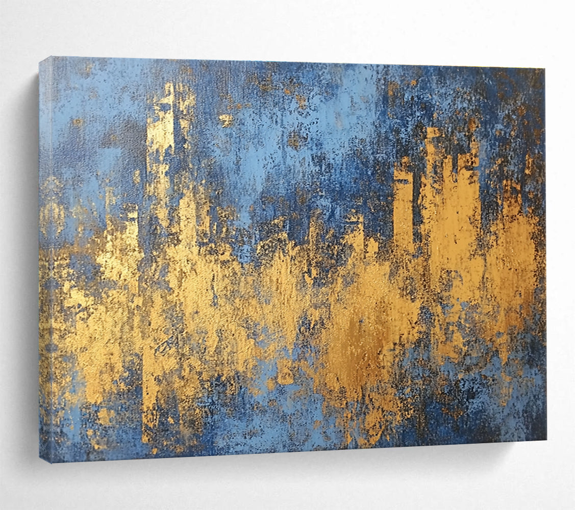 Blue and Gold Cityscape Abstract Painting with Distressed Textures DYP313