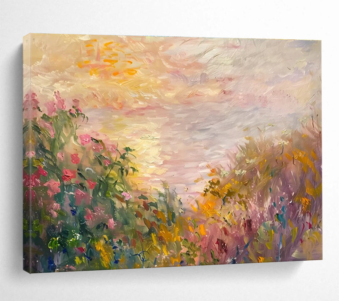 Flower Field Sunset Abstract Painting with Pink, Yellow, and Purple Hues THY195