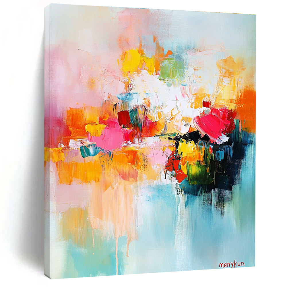 Large abstract painting in bright colors featuring harmonious shapes and soft edges with central text manykun suggesting a serene garden atmosphere.STSC414