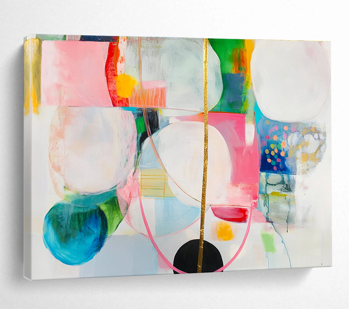 Large abstract painting with colorful shapes, gold lines, and a hanging golden string, featuring a black circle on a white background.SC375