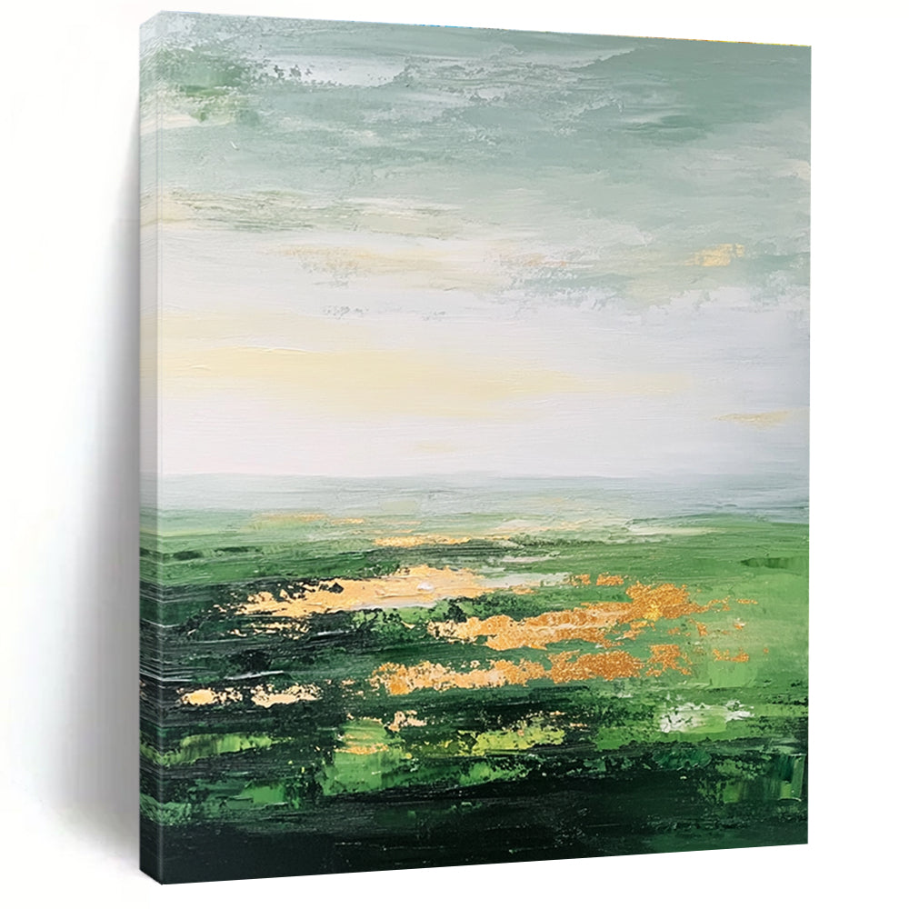 Large abstract painting featuring a vast green landscape soft sky gold accents and thick brush strokes for a dreamy blurry effect.STSC887