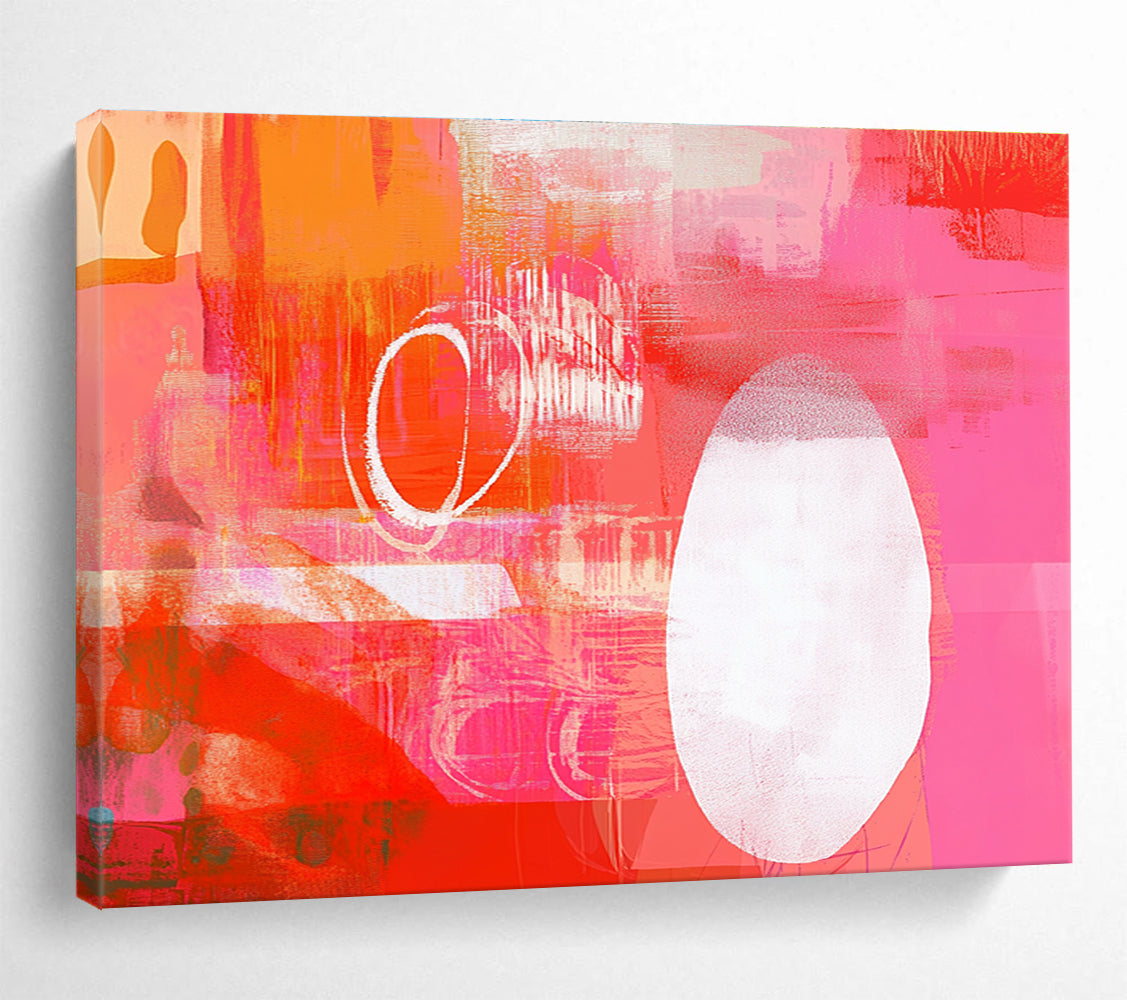 A large abstract artwork featuring a vibrant red and pink collage with energetic shapes and a striking white squiggle line, enhancing its lively composition.SC542
