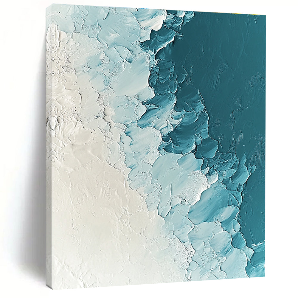 Large abstract painting depicting ice and snow in light blue and white tones with heavy impasto texture and ultra-high resolution.STSC311