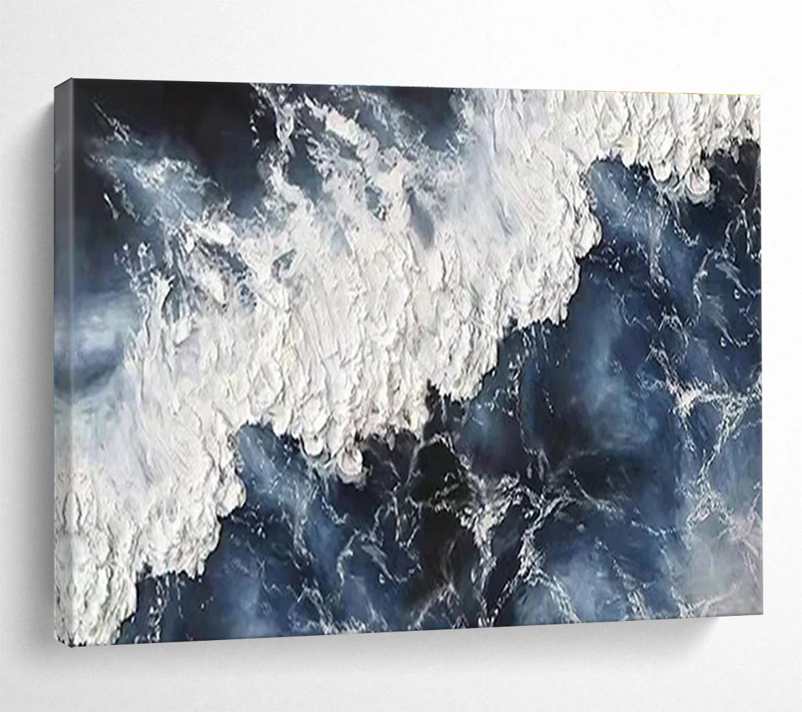 Dynamic Ocean Wave Abstract Painting with Bold Blue and White THY252