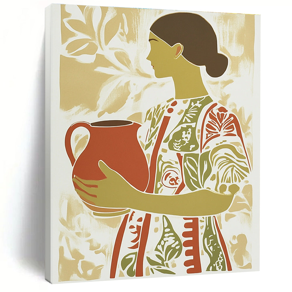 Abstract artwork featuring a woman with an earthenware jug in a patterned dress with green and red stripes in a flat color palette.STSC1417