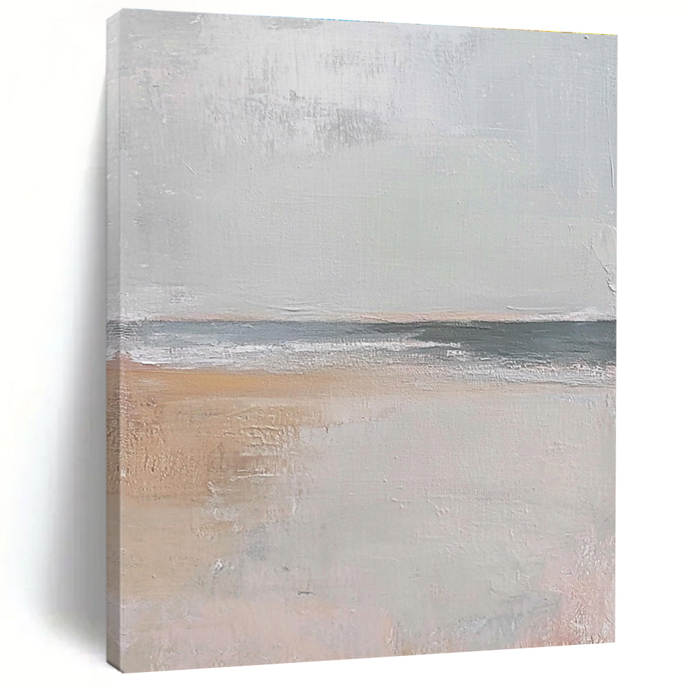 Large abstract painting in muted beige and gray tones featuring gentle brushstrokes of serene coastal scenery with hints of sandy textures and flying seagulls.STSC016