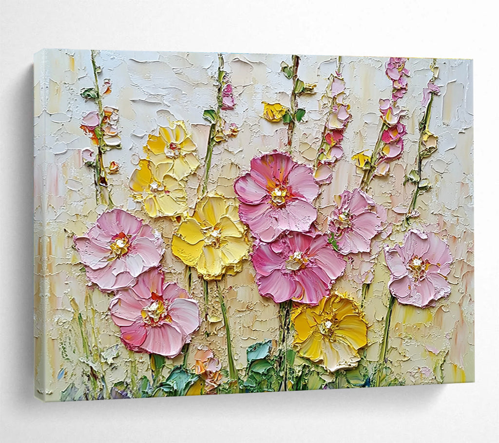 A large abstract painting featuring vibrant pink and yellow hollyhocks, detailed textures, and a rich background created with impasto technique using a palette knife.SC603